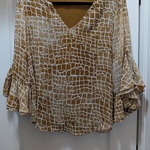 Calvin Klein Brown and White Croc-Print V-Neck Ruffle Sleeve Blouse